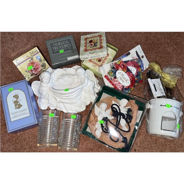 Gift and Decor Items Including Ceramic Angel Wall Plaque, Thank You Cards, and Glassware