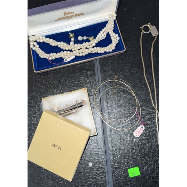 Jewellery and Writing Lot Including Faux Pearl Necklace, Avon Pendant, Bangles, Space Pen Case