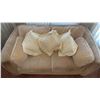 Image 3 : Beige Upholstered Loveseat With Four Cream Patterned Throw Pillows