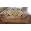 Image 4 : Beige Upholstered Loveseat With Four Cream Patterned Throw Pillows