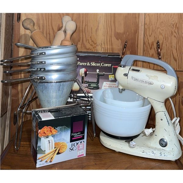 Kitchen Tool Lot: Hamilton Beach Mixer, Aluminum Strainers, Rolling Pins, Apple Slicer, Scale