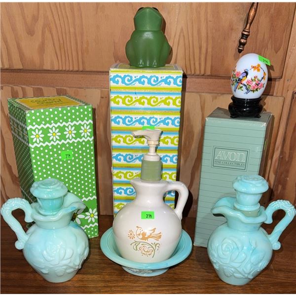 Avon Collectibles: Bottles, Lotion Dispenser, Bell, Figurine, and Boxes