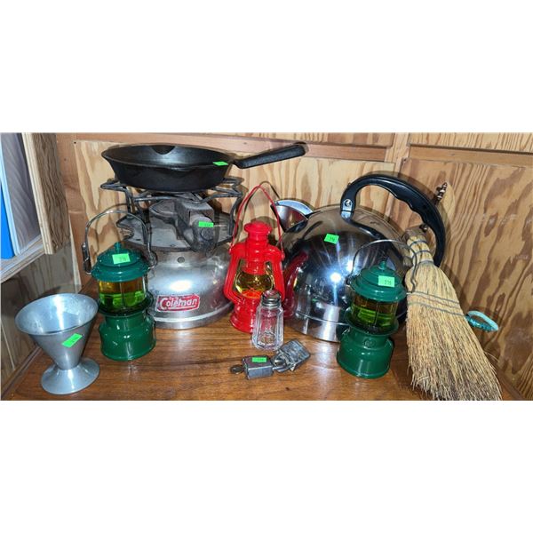Camping and Kitchen Lot: Coleman Stove, Metal Kettle, Lanterns, Skillet, Broom