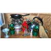 Image 1 : Camping and Kitchen Lot: Coleman Stove, Metal Kettle, Lanterns, Skillet, Broom
