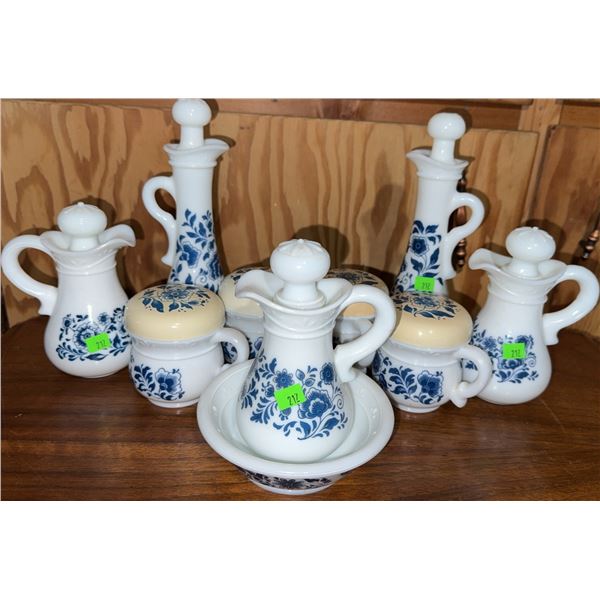 Blue and White Floral Milk Glass Condiment Serving Set with Lids