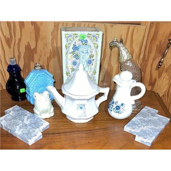 Decorative Ceramic and Glass Items Including Teapot, Creamer, Boxes