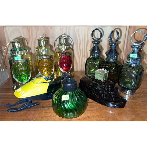 Decorative Glass Bottles and Figurals Including Lanterns, Boat, and Snowmobile