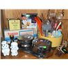 Image 1 : Kitchenware Including Mason Jars, Glass Relish Tray, Vintage Appliances and Utensils