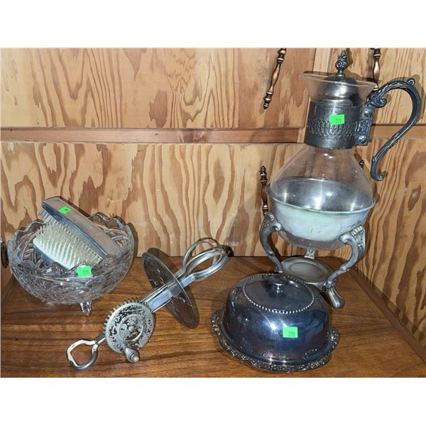 Lot: Glass Bowl with Nail Brush, Silverplate Carafe Stand, Butter Dish, Hand Mixer