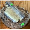 Image 2 : Lot: Glass Bowl with Nail Brush, Silverplate Carafe Stand, Butter Dish, Hand Mixer