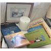 Image 1 : Framed River Artwork, Pillar Candle, and Assorted Vintage Books Lot