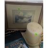 Image 2 : Framed River Artwork, Pillar Candle, and Assorted Vintage Books Lot