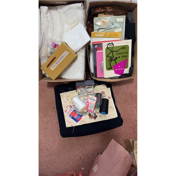 Box Lot of Sewing Supplies with Fabric, Lace, Thread, Needles, Patterns and Accessories