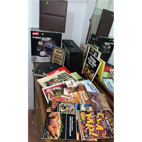 Office Supply and Book Lot: Staples Shredder, Portfolio, Portafile, Wood Sign Guides
