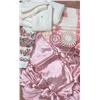 Image 1 : Linens Including Pink Satin, Floral Print, Crochet, and Terrycloth Towels