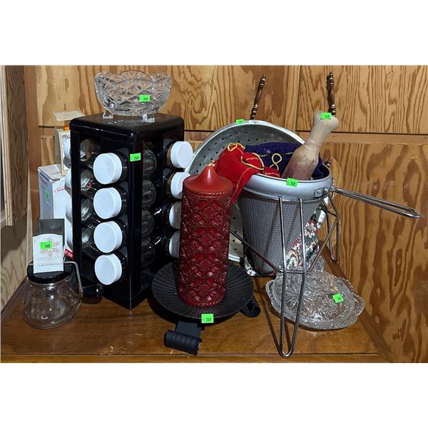 Kitchenware Lot with Spice Rack, Sunbeam Mixer, Kitchen Scale, Candle, Strainers, and Crystal