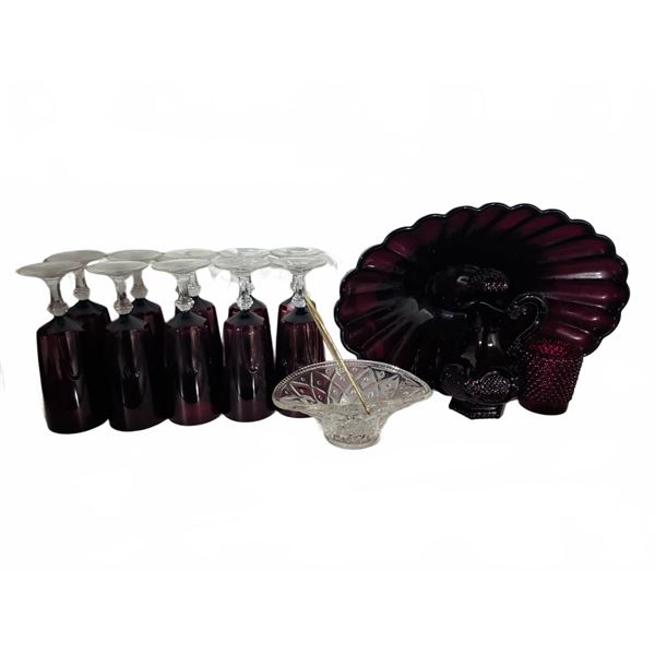 Ruby Red Glassware with Wine Glasses, Divided Tray, Decanter, and Bowl