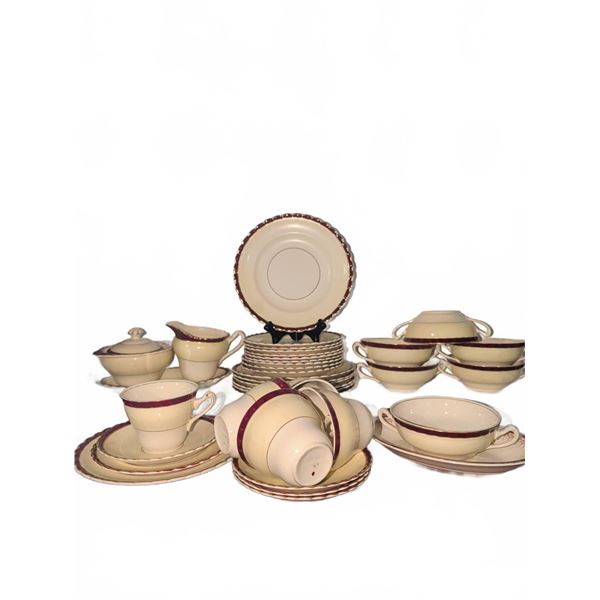 Cream and Burgundy Rimmed Porcelain Dinnerware Set, 27 Pieces