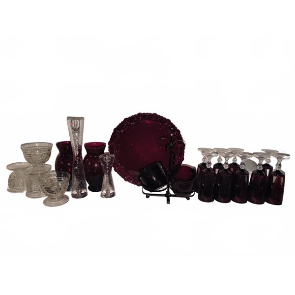 Red Glass Tableware and Clear Glass Bowls and Vases