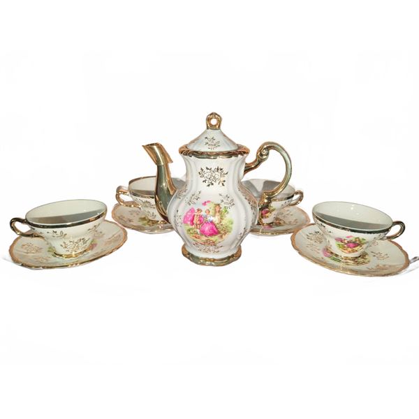 Japanese Porcelain Tea Set With Gilt Accents, Courting Scene, 5 Cups and Saucers