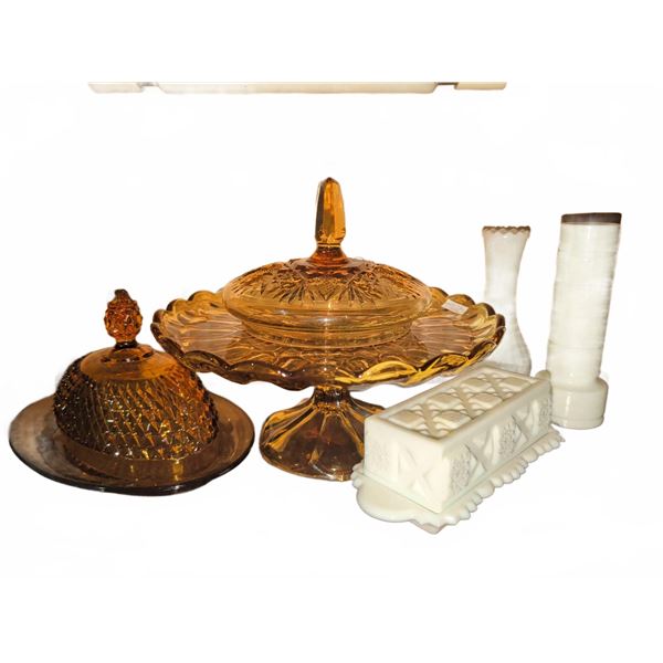 Amber Pressed Glass Serving Pieces and White Milk Glass Kitchen Assortment