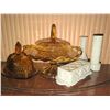 Image 2 : Amber Pressed Glass Serving Pieces and White Milk Glass Kitchen Assortment