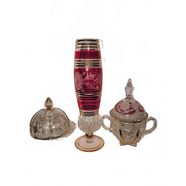 Cut Glass Vase and Two Lidded Dishes with Gold and Pink Accents