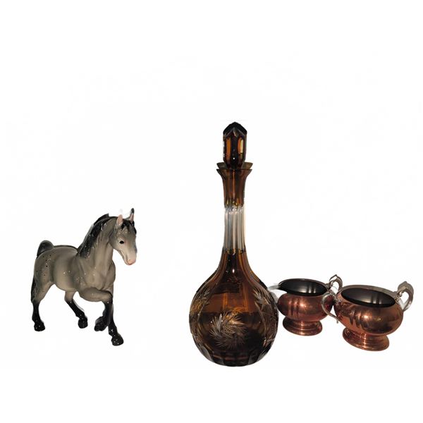 Decor Lot with Breyer Horse, Amber Glass Decanter, Framed Print, Copper Bowls