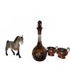 Image 1 : Decor Lot with Breyer Horse, Amber Glass Decanter, Framed Print, Copper Bowls