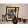 Image 2 : Decor Lot with Breyer Horse, Amber Glass Decanter, Framed Print, Copper Bowls