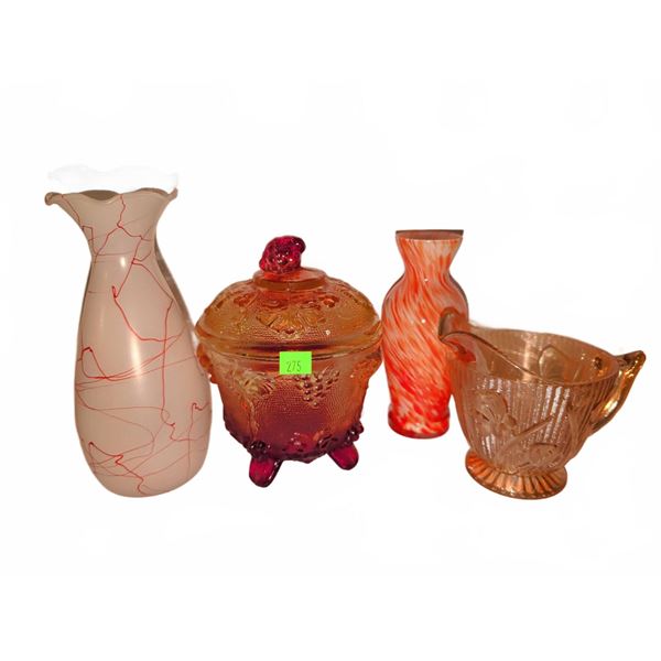 Art Glass Vases, Covered Candy Dish, and Iridescent Glass Creamer