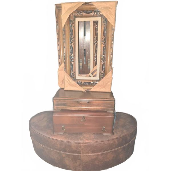 Carved Wood Framed Mirror, Two Wooden Jewelry Boxes, and Oval Upholstered Ottoman on Casters