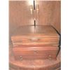 Image 4 : Carved Wood Framed Mirror, Two Wooden Jewelry Boxes, and Oval Upholstered Ottoman on Casters