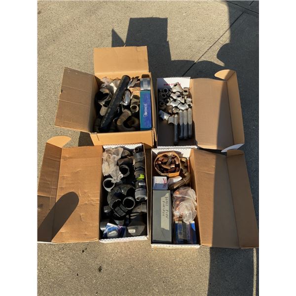 4 Boxes: Plumbing Pipe Fittings and Connectors, Mixed Materials