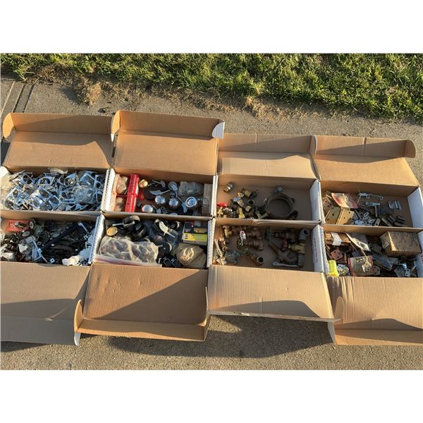 6 Boxes Assorted Metal Hardware, Casters, Plumbing Fittings, Hinges