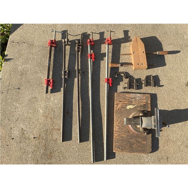 5 Bar Clamps, Wood Clamp, Bench Vise, and Assorted Metal Clamps