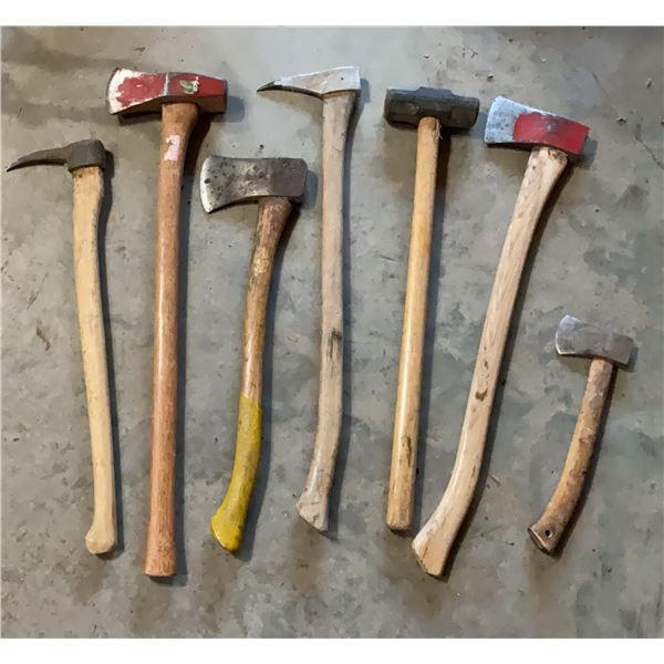 6 Assorted Axes and Sledgehammer with Wood Handles