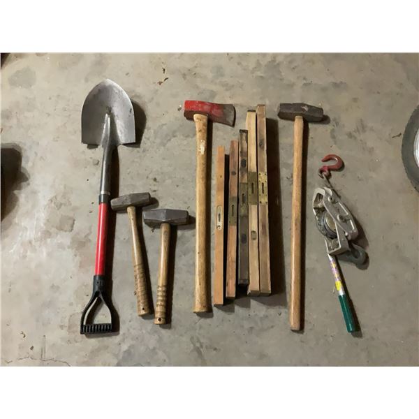 Shovel, Sledge Hammers, Ax, Come-Along Winch, and Five Wooden Levels