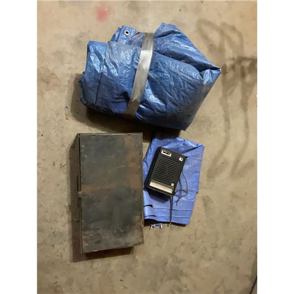 Camping Lot with 16 x 12 Tarp, Small Tarp, Portable Radio, and Metal Stove