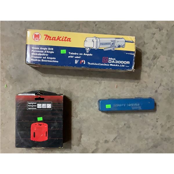 Makita 10mm Angle Drill Model DA3000R with Hole Saw and Impact Driver Bit