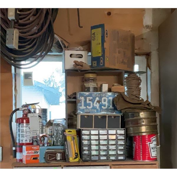 Garage Lot With License Plate, Fire Extinguisher, Drawer Organizers, Hand Tools, Hardware