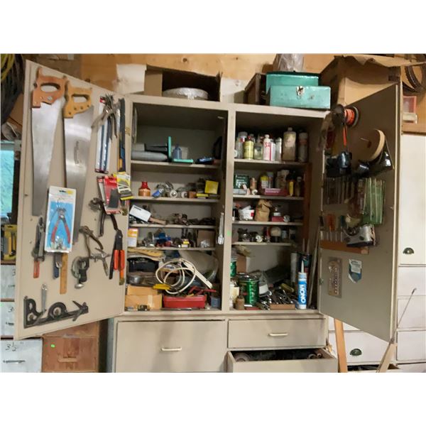 Workshop Cabinet With Contents Including Tools, Hardware, and Supplies