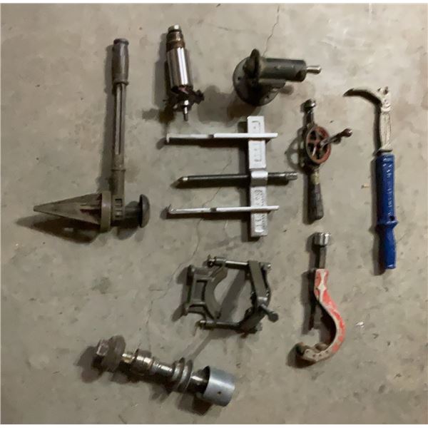 Metal Hand Tools Including Pullers, Pipe Cutter, Drill, Clamps, and Parts