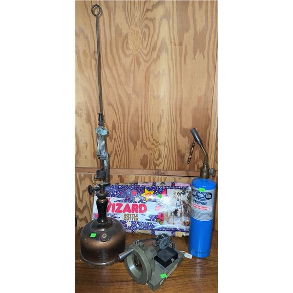 Two Torches, Metal Tool, and Little Wizard Bottle Cutter Assorted Vintage Tools and Accessories