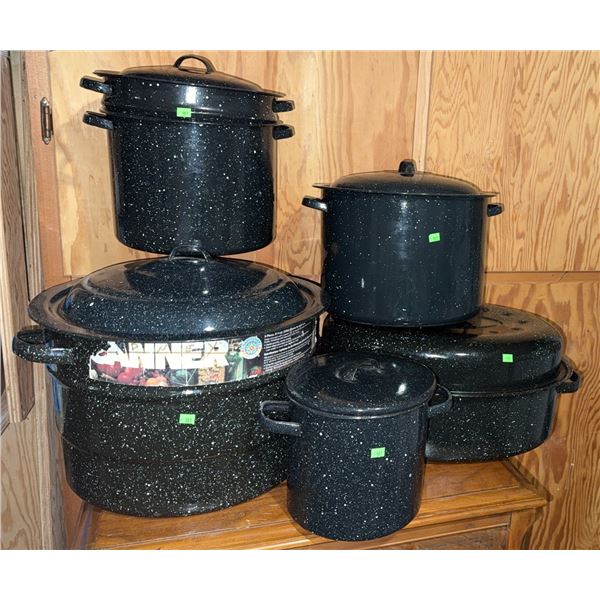 Black Speckled Metal Crop and Stoneware Crocs with Lids, Various Sizes