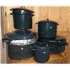 Image 1 : Black Speckled Metal Crop and Stoneware Crocs with Lids, Various Sizes