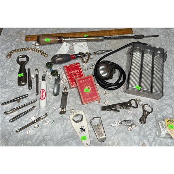 Male Entertainment Lot: Tools, Openers, Playing Cards, Milk Keys, Beads, Flashlight