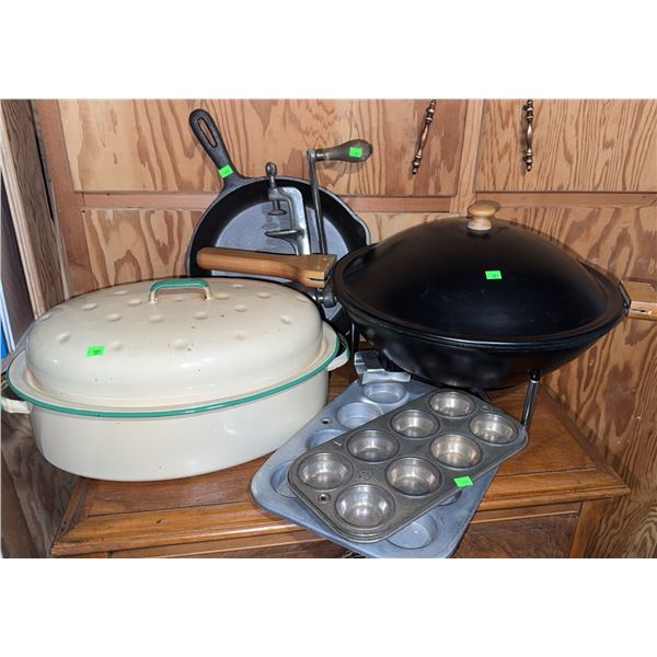 Kitchen Cookware Lot: Pans, Electric Wok, Muffin Tins, Meat Grinder, Roaster