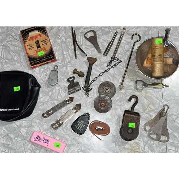 Vintage Hand Tools and Bottle Openers Including Glass Cutters and Tape Measure