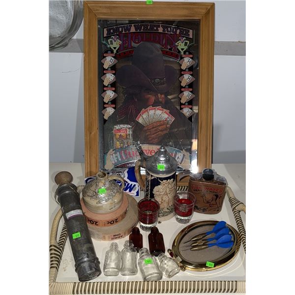 Barware Darts, Fish Bowls, Mini Bottles, Pottery, Vintage Tickets, Budweiser Poker Sign